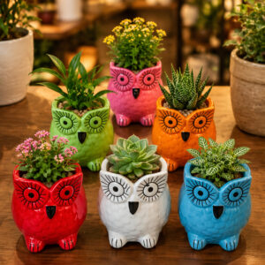 POC000406MC Vibrant owl-shaped ceramic planters that add charm and personality to any space. Perfect for small plants, succulents, or décor accents with a playful touch.