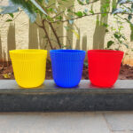 POPD001205-ax 5 inches Round Designer Pot | Plastic Planter with Ridged Pattern on surface | Stylish and Cute | Suitable for small plants and succulents used indoor / outdoor in porch, living room, Garden and can be placed on a stand