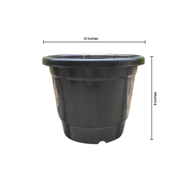 POPN000512BK-a 12 inches Round | Black Nursery Pot | Plastic Planter Regular with drainage holes and plate | Regular, Lightweight and Sturdy | Suitable for Garden, Balcony, Outdoor and can be placed on Plant Stands