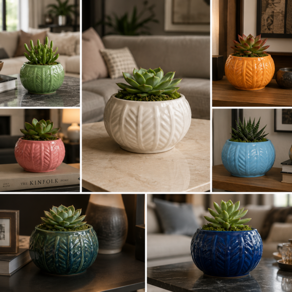 Ridged Round Barrel shaped planter: Cute Ridged round shaped minimalistic Ceramic Planters suitable set for home decor, gifting and personal use.
