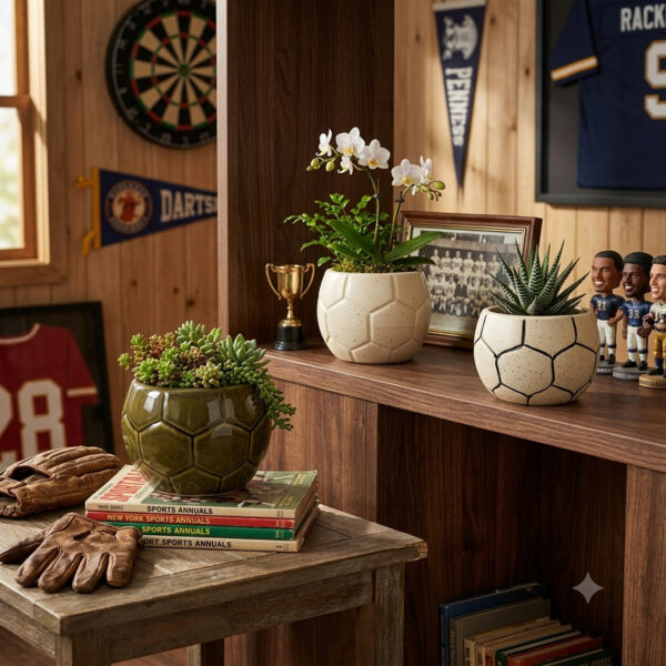 POC0015d Football shaped Planter: Sporty, energy filled Football shaped Ceramic planters. This minimalistic planters suitable set for home decor, gifting and personal use