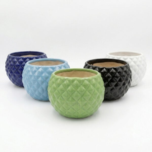 Diamond Pumpkin: Cute sharp diamond surfaced Round shaped Ceramic planters. This minimalistic planters suitable set for home decor, gifting and personal use