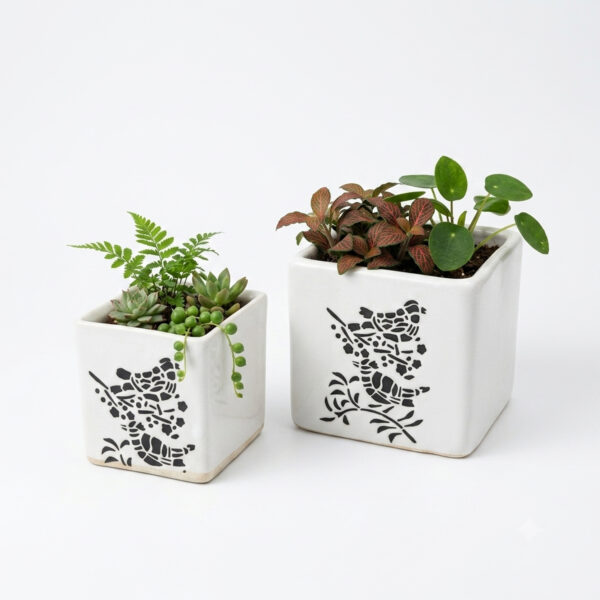 POC0018b Square shaped planters: Set of 2 - Straight, Square, simple printed Ceramic planters in Small & Big sizes. Minimalistic planters suitable for home decor, gifting and personal use