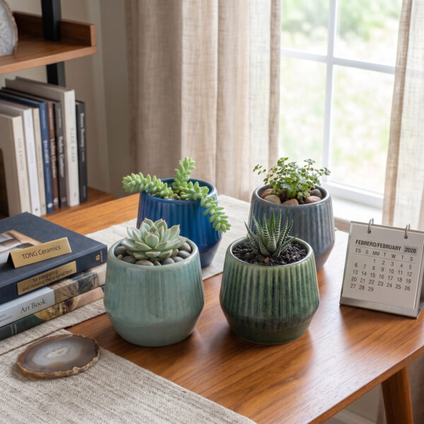 Apple shape Ribbed planter: Small - Cute vertical ribbed surface, Apple shaped Ceramic planters, suitable set for home decor, gifting and personal use