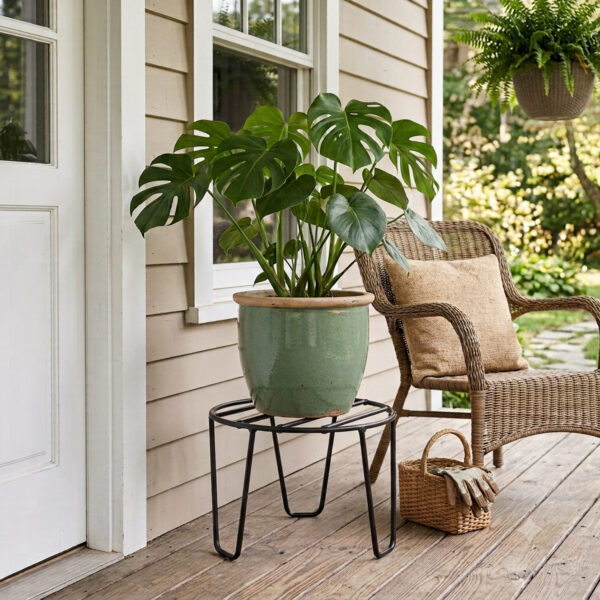 PS01MT0001d Sturdy Black galvanised steel plant stand (Big) with a round wire-frame top and tapered tripod legs. Rust-resistant, powder-coated finish for durable, long-lasting indoor or outdoor use at Home Garden, Balcony and Terrace.