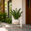 PS01MT0001e Sturdy black galvanised steel plant stand with a round wire-frame top and tapered tripod legs. Rust-resistant, powder-coated finish for durable, long-lasting indoor or outdoor use for Home Garden, Balcony and Terrace.