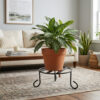 PS01MT0002a Sturdy black galvanised steel plant stand with a round wire-frame top and rounded legs. Rust-resistant, powder-coated finish for durable, long-lasting indoor or outdoor use for Home Garden, Balcony and Terrace.