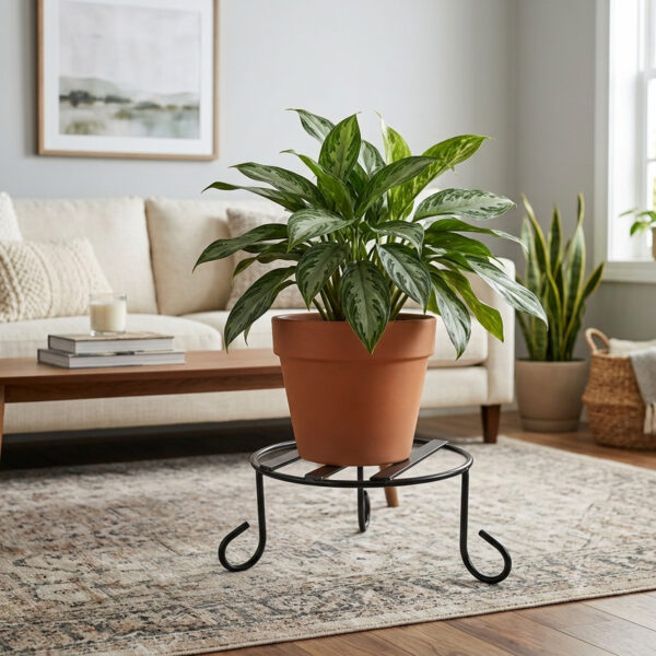 PS01MT0002a Sturdy black galvanised steel plant stand with a round wire-frame top and rounded legs. Rust-resistant, powder-coated finish for durable, long-lasting indoor or outdoor use for Home Garden, Balcony and Terrace.