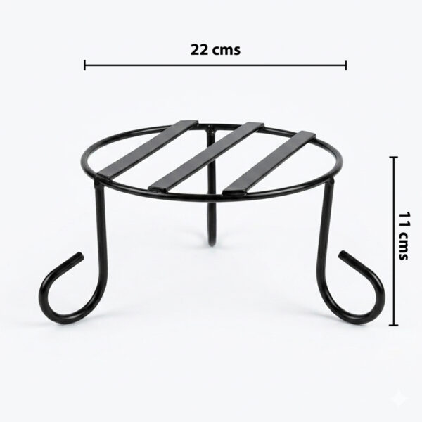 PS01MT0002b Sturdy black galvanised steel plant stand with a round wire-frame top and rounded legs. Rust-resistant, powder-coated finish for durable, long-lasting indoor or outdoor use for Home Garden, Balcony and Terrace.
