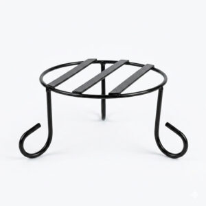 PS01MT0002c Sturdy black galvanised steel plant stand with a round wire-frame top and rounded legs. Rust-resistant, powder-coated finish for durable, long-lasting indoor or outdoor use for Home Garden, Balcony and Terrace.