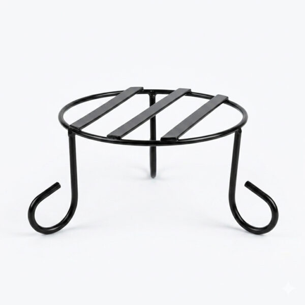 PS01MT0002c Sturdy black galvanised steel plant stand with a round wire-frame top and rounded legs. Rust-resistant, powder-coated finish for durable, long-lasting indoor or outdoor use for Home Garden, Balcony and Terrace.