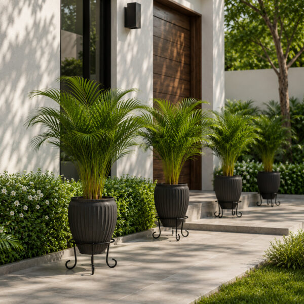 PS01MT0002d Sturdy black galvanised steel plant stand with a round wire-frame top and rounded legs. Rust-resistant, powder-coated finish for durable, long-lasting indoor or outdoor use for Home Garden, Balcony and Terrace.