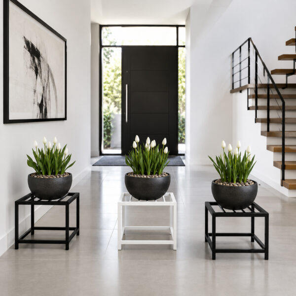 PS01MT0003b Sleek white galvanised steel pipe Plant Stand with a square frame and cross-braced legs for stability. Rust-resistant, powder-coated finish suits indoor or outdoor plants pots