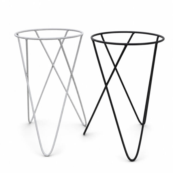 PS01MT0005b Modern tripod plant stand with 'V' shaped galvanised steel legs and a round rim top, available in black or white. Rust-resistant, powder-coated finish for stylish indoor or outdoor use.
