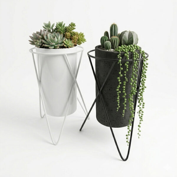 PS01MT0005c Modern tripod plant stand with 'V' shaped galvanised steel legs and a round rim top, available in black or white. Rust-resistant, powder-coated finish for stylish indoor or outdoor use.