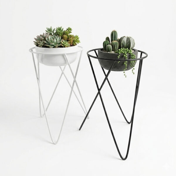 PS01MT0005d Modern tripod plant stand with 'V' shaped galvanised steel legs and a round rim top, available in black or white. Rust-resistant, powder-coated finish for stylish indoor or outdoor use.
