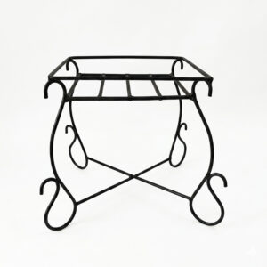 PS01MT0008d Elegant white galvanised steel Square Plant Stand with wire-slat top and decorative scrolled legs. Rust-resistant, powder-coated finish brings vintage charm to indoor or outdoor garden setting.
