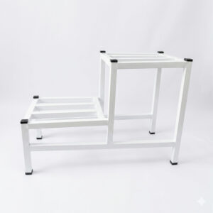 PS02MT0014a Two-tier white galvanised steel plant stand with slatted platforms and protective foot caps. Rust-resistant, powder-coated finish creates a stylish stepped display for indoor or outdoor greenery.