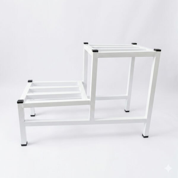 PS02MT0014a Two-tier white galvanised steel plant stand with slatted platforms and protective foot caps. Rust-resistant, powder-coated finish creates a stylish stepped display for indoor or outdoor greenery.