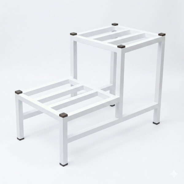 PS02MT0014b Two-tier white galvanised steel plant stand with slatted platforms and protective foot caps. Rust-resistant, powder-coated finish creates a stylish stepped display for indoor or outdoor greenery.