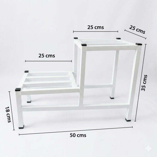 PS02MT0014c Two-tier white galvanised steel plant stand with slatted platforms and protective foot caps. Rust-resistant, powder-coated finish creates a stylish stepped display for indoor or outdoor greenery.
