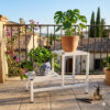 PS02MT0014d Two-tier white galvanised steel plant stand with slatted platforms and protective foot caps. Rust-resistant, powder-coated finish creates a stylish stepped display for indoor or outdoor greenery.