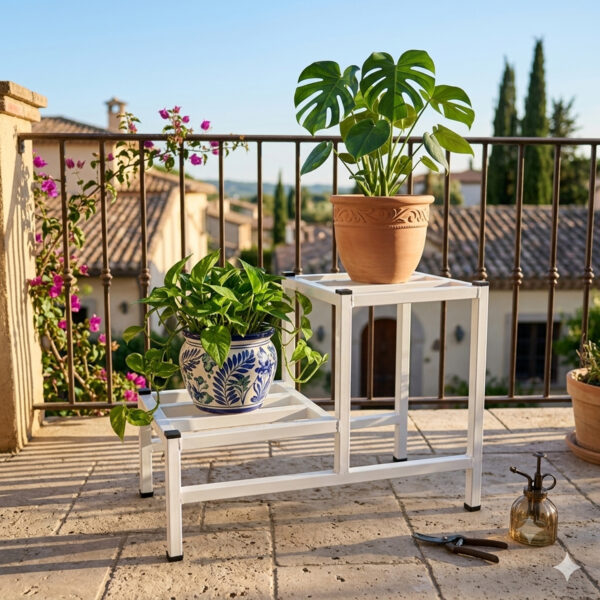 PS02MT0014d Two-tier white galvanised steel plant stand with slatted platforms and protective foot caps. Rust-resistant, powder-coated finish creates a stylish stepped display for indoor or outdoor greenery.