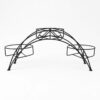 PS03MT0009a Arched black galvanised steel plant stand with three tiered planter holders and decorative scrollwork. Rust-resistant, powder-coated finish creates a striking multi-level display for gardens or patios.