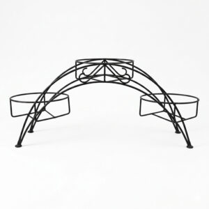 PS03MT0009a Arched black galvanised steel plant stand with three tiered planter holders and decorative scrollwork. Rust-resistant, powder-coated finish creates a striking multi-level display for gardens or patios.