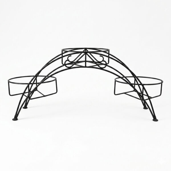 PS03MT0009a Arched black galvanised steel plant stand with three tiered planter holders and decorative scrollwork. Rust-resistant, powder-coated finish creates a striking multi-level display for gardens or patios.