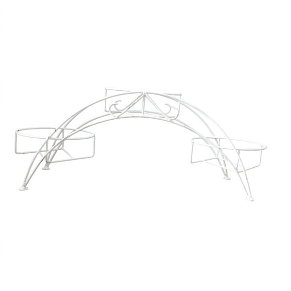 PS03MT0009d Arched black galvanised steel plant stand with three tiered planter holders and decorative scrollwork. Rust-resistant, powder-coated finish creates a striking multi-level display for gardens or patios.
