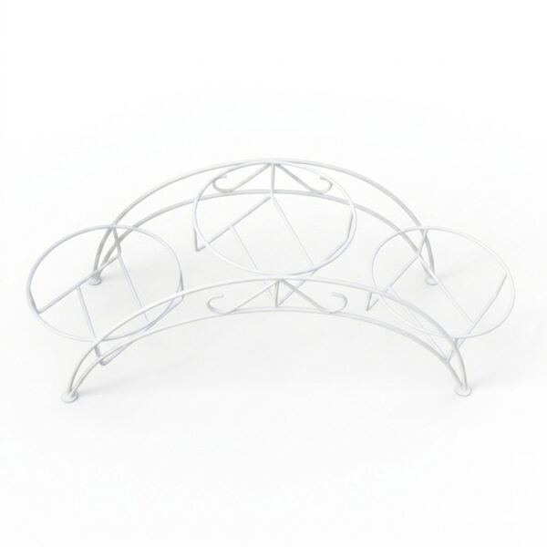 PS03MT0009e Arched black galvanised steel plant stand with three tiered planter holders and decorative scrollwork. Rust-resistant, powder-coated finish creates a striking multi-level display for gardens or patios.