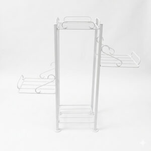 PS03MT0010a Tall white galvanised steel plant stand with staggered side shelves at multiple heights. Rust-resistant, powder-coated finish offers a striking multi-tier display for plants indoors or outdoors.