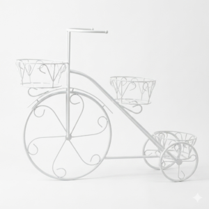 Charming vintage tricycle-shaped white galvanised steel plant stand with three decorative scrolled baskets. Rust-resistant, powder-coated finish adds whimsical, eye-catching garden décor for displaying plants outdoors.