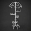 PS05MT0018a Tall white galvanised steel plant stand with an umbrella-shaped canopy top and six staggered circular tiers. Rust-resistant, powder-coated finish creates a whimsical, statement multi-plant display.