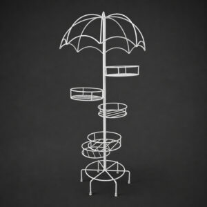 Tall white galvanised steel plant stand with an umbrella-shaped canopy top and six staggered circular tiers. Rust-resistant, powder-coated finish creates a whimsical, statement multi-plant display.