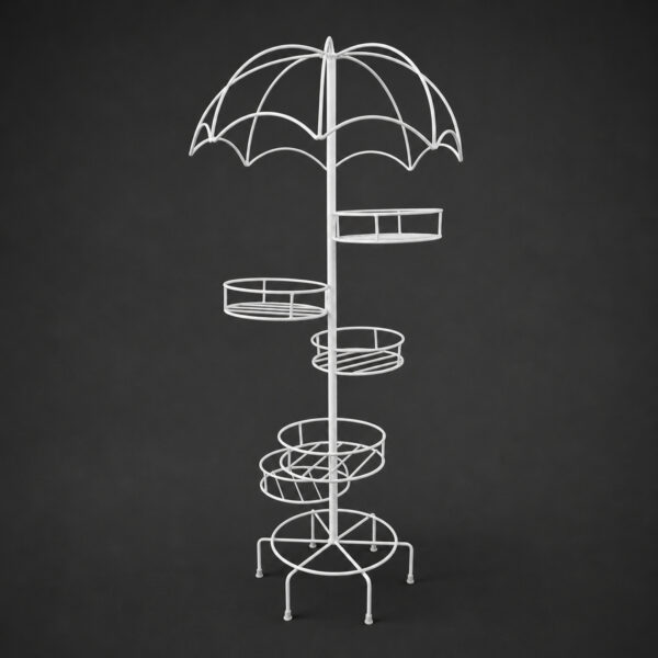PS05MT0018a Tall white galvanised steel plant stand with an umbrella-shaped canopy top and six staggered circular tiers. Rust-resistant, powder-coated finish creates a whimsical, statement multi-plant display.