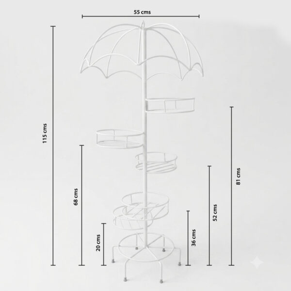 PS05MT0018b Tall white galvanised steel plant stand with an umbrella-shaped canopy top and six staggered circular tiers. Rust-resistant, powder-coated finish creates a whimsical, statement multi-plant display.