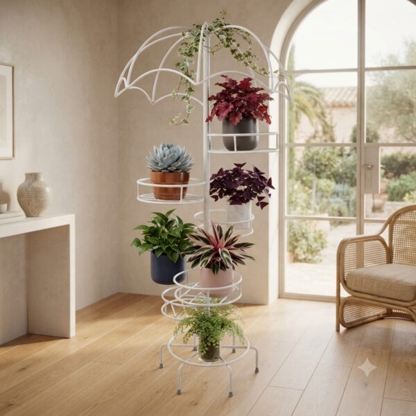 PS05MT0018c Tall white galvanised steel plant stand with an umbrella-shaped canopy top and six staggered circular tiers. Rust-resistant, powder-coated finish creates a whimsical, statement multi-plant display.