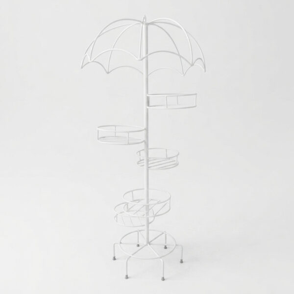 PS05MT0018d Tall white galvanised steel plant stand with an umbrella-shaped canopy top and six staggered circular tiers. Rust-resistant, powder-coated finish creates a whimsical, statement multi-plant display.