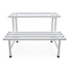 PS06MT0015a Two-tier white galvanised steel plant stand with elevated rectangular top and slatted lower shelf. Rust-resistant, powder-coated finish with protective feet, ideal for indoor or outdoor plant displays.