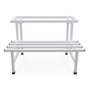Two-tier white galvanised steel plant stand with elevated rectangular top and slatted lower shelf. Rust-resistant, powder-coated finish with protective feet, ideal for indoor or outdoor plant displays.