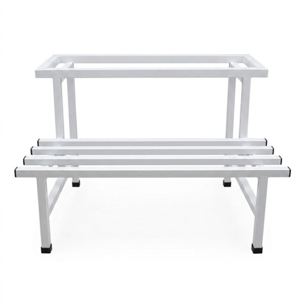 PS06MT0015a Two-tier white galvanised steel plant stand with elevated rectangular top and slatted lower shelf. Rust-resistant, powder-coated finish with protective feet, ideal for indoor or outdoor plant displays.