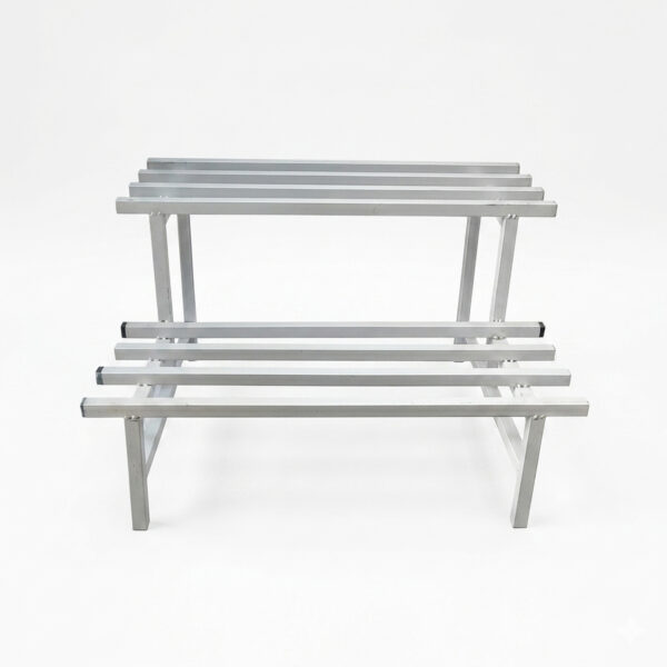 PS06MT0015b Two-tier white galvanised steel plant stand with elevated rectangular top and slatted lower shelf. Rust-resistant, powder-coated finish with protective feet, ideal for indoor or outdoor plant displays.