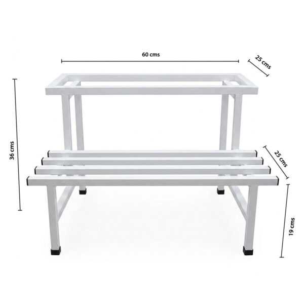 PS06MT0015c Two-tier white galvanised steel plant stand with elevated rectangular top and slatted lower shelf. Rust-resistant, powder-coated finish with protective feet, ideal for indoor or outdoor plant displays.