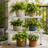 PS06MT0015d Two-tier white galvanised steel plant stand with elevated rectangular top and slatted lower shelf. Rust-resistant, powder-coated finish with protective feet, ideal for indoor or outdoor plant displays.