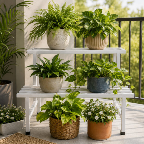 PS06MT0015d Two-tier white galvanised steel plant stand with elevated rectangular top and slatted lower shelf. Rust-resistant, powder-coated finish with protective feet, ideal for indoor or outdoor plant displays.