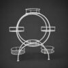 PS06MT0016a Ferris wheel-inspired white galvanised steel plant stand with five circular tiers around a bold round frame. Rust-resistant, powder-coated finish creates a striking multi-plant display centerpiece.