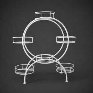 Ferris wheel-inspired white galvanised steel plant stand with five circular tiers around a bold round frame. Rust-resistant, powder-coated finish creates a striking multi-plant display centerpiece.
