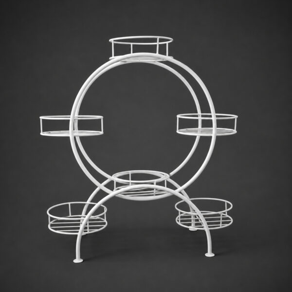 PS06MT0016a Ferris wheel-inspired white galvanised steel plant stand with five circular tiers around a bold round frame. Rust-resistant, powder-coated finish creates a striking multi-plant display centerpiece.